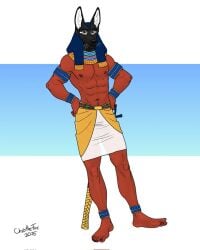 1boy abs anthro anubis barefoot bartek22 black_body black_fur deity ears_up egyptian_mythology feet fur hands_on_hips looking_at_viewer male middle_eastern_mythology muscular muscular_anthro muscular_male mythology nipples simple_background solo white_body white_fur