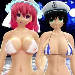 2025 2girls 3d big_breasts bikini black_hair_female breasts clavicle cleavage clouds duo_female female ghost_girl green_eyes_female hat hati_yukkuri_mmd headwear holding_each_other jpeg light-skinned_female looking_at_viewer minamitsu_murasa mmd mob_cap moon navel night open_mouth pink_eyes_female pink_hair_female sailor_hat short_hair sky striped_bikini swimsuit touhou waist water white_bikini yuyuko_saigyouji