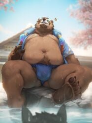 2025 absurd_res ambiguous_gender ambiguous_species anthro areola asian_clothing bara barefoot bear beard belly big_belly big_bulge big_muscles blurred_background bodily_fluids body_hair building bulge claws clothed clothing day detailed_bulge duo east_asian_clothing exclamation_point eyebrows facial_hair feet fundoshi fur hair happy_trail hi_res hot_spring japanese_clothing league_of_legends looking_at_another lowerkuo male male/ambiguous mammal markings musclegut muscles muscular muscular_anthro muscular_male navel open_clothing open_shirt open_topwear outside partially_submerged pecs plant plantigrade pubes riot_games rock shirt sitting smile soles solo_focus spirit_blossom_springs_volibear steam sweat tencent thick_thighs topwear tree tuft underwear volibear water wet wet_body wet_fur yaoi