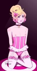 blonde_hair collar corset exposed_nipples femboy lipstick makeup male panties pink_bow pink_horizons white_leggings