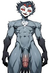 1boy abs ai_generated anthro avian avian_humanoid big_cock big_penis blue_body foreskin from_below helluva_boss male male_muscle male_only multi_eye muscles owl penis red_eyes renxai_bara solo solo_male stolas_(helluva_boss) uncircumcised uncut_cock uncut_penis white_pupils yaoi
