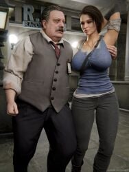 1boy 1girls 3d 3d_(artwork) 3d_model big_breasts breasts brian_irons capcom clothing couple female hug indoors jill_valentine jill_valentine_(sasha_zotova) light-skinned_female light-skinned_male light_skin looking_at_partner makeup male moustache pendant piroguh resident_evil resident_evil_2 resident_evil_2_remake resident_evil_3 resident_evil_3_remake short_hair standing