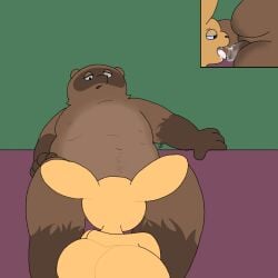 abyss_arts anthro belly belly_hair belly_overhang blue_eyes bodily_fluids body_hair brown_body brown_fur chest_hair cum cum_drip cum_on_face cum_string dripping duo ears_up fellatio fur furniture genital_fluids holding_object lagomorph leporid male male/male mammal mature_male moobs multicolored_body multicolored_fur nipples obscured_oral obscured_penetration oral oral_penetration overweight penetration penile penis procyonid rabbit raccoon rear_view sex sitting size_difference sofa tongue tongue_out