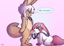 animal_genitalia animal_penis anthro anthro_penetrating balls big_balls big_penis bodily_fluids brown_body brown_fur brown_hair canid canine collar cum cum_drip cum_in_mouth cum_inside cum_on_face cum_on_penis cumshot dialogue dirty_talk dripping duo eeveelution ejaculation eyebrows fan_character female female_penetrated fennec_fox feral fluffy fluffy_chest fox fur generation_6_pokemon genital_fluids genitals hair hi_res lagomorph leash leporid looking_at_another looking_down looking_pleasured looking_up looking_up_at_another looking_up_at_partner made_in_abyss male male/female male_penetrating male_penetrating_female mammal nanachi narehate nintendo on_four on_kness open_mouth open_smile pawpads paws penetration penis pink_body pink_fur pink_hair pokemon pokemon_(species) rabbit rule_63 sex smile sylveon sylvie_(sylveonirl) talking_to_another teeth text true_fox white_body white_fur