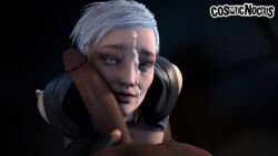 3d blue_eyes cum dark_skin facial female lips male nose penis realistic white_hair
