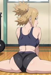 1girls adapted_costume ai_generated ass ass_focus big_ass big_breasts blonde_hair bloomers boruto:_naruto_next_generations breasts cleavage curvaceous curvy curvy_figure female female_focus female_only flexible from_behind gym high_resolution indoors long_hair looking_at_viewer looking_back looking_back_at_viewer mature mature_female milf narugirlshot naruto naruto_(series) navel pinup ponytail quad_tails rear_view solo splits sports_bra spread_legs stretching teal_eyes temari twintails uncensored upper_body white_skin workout_clothes