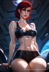 1girls 3d ai_generated ai_sensuality annoyed booty_shorts breasts female female_only femshep freckles green_eyes light-skinned_female mascara mass_effect medium_breasts midriff navel red_hair shorts sitting solo sports_bra wide_hips