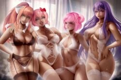 4girls bandages bangs blue_eyes bow bra breasts cleavage collarbone green_eyes hairbow hand_on_hip lace-trimmed_legwear large_breasts lingerie lips long_hair medium_breasts monika_(doki_doki_literature_club) multiple_girls navel panties pink_eyes pink_hair ponytail purple_eyes purple_hair see-through short_hair smile take_your_pick thighhighs underwear white_legwear