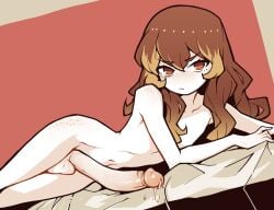 akableak brown_eyes brown_hair closed_mouth collarbone completely_nude female flat_chest freckles futanari long_hair looking_at_viewer lying nude original penis precum red_background solo testicles uncensored