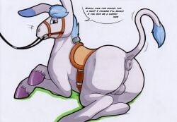 aggretsuko anus asinus balls bridle donkey equid equine feral genitals hi_res male mammal puffy_anus rotten_owl saddle sanrio simple_background solo tadano_(aggretsuko) tail text traditional_media_(artwork) white_background