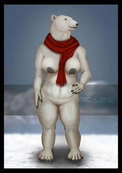 arctic areola bear big_breasts black_areola breasts chubby claws cosmiclife female ice long_neck mammal nude pinup polar_bear pose pussy scarf snow solo wide_hips