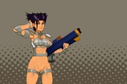 black_hair breasts female green_eyes halftone konoko oni_(game) polka_dot purple_hair rifle solo