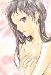 bangs black_eyes black_hair blush breasts collarbone covering female long_hair nude parted_lips smile solo upper_body