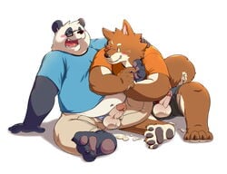 2boys anthro bear big_penis blush canine chubby clothed cum eyewear furry furry_only gay glasses male male_only mammal nude open_mouth panda pawpads paws penis penis_out sitting testicles thick_penis tickling wdh3905 yaoi