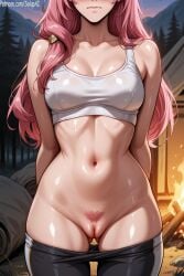 1girls ai_generated embarrassed eyes_out_of_frame female female female_only hands_behind_back league_of_legends leggings long_hair navel pants pants_down patreon pink_hair pubic_hair pussy riot_games salupai seraphine_(league_of_legends) solo solo_female sports_bra sportswear standing stomach uncensored watermark