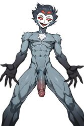 1boy abs ai_generated anthro avian avian_humanoid big_cock big_penis blue_body foreskin from_below helluva_boss male male_muscle male_only multi_eye muscles owl penis red_eyes renxai_bara solo solo_male stolas_(helluva_boss) uncircumcised uncut_cock uncut_penis white_pupils yaoi