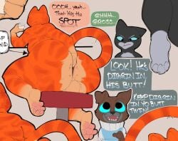anthro anus ass biped black_body black_nose blue_sclera brown_body canid canine canis dialogue domestic_cat domestic_dog dreamworks felid feline felis fur group kitty_softpaws male mammal nude_anthro nude_male open_mouth open_smile orange_body orange_fur orange_tail pawpads perrito_(puss_in_boots) puss_in_boots_(dreamworks) puss_in_boots_(franchise) simple_background smile sushiamazing tail text trio