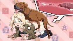 1boy all_fours animal animated blonde_hair blue_eyes blue_shorts blurry blurry_background blurry_foreground blush boots breasts brown_jacket canid canine canine_on_human canis censored cross_section cum cum_in_pussy cum_inside denim_shorts depth_of_field doggy_style domestic_dog eyeliner female female_on_feral feral feral_dominating_human feral_on_female feral_on_human feral_penetrating feral_penetrating_human girls_und_panzer hair_intakes human_female human_on_feral human_penetrated internal jacket kay_(girls_und_panzer) light-skinned_female long_hair long_sleeves male medium_breasts military nipples no_bra open_jacket open_mouth pale-skinned_female pale_skin pantsu_ahaundo panzer_hound penis pussy saunders_military_uniform school_uniform schoolgirl sex sex_from_behind shiny shiny_hair shorts shorts_pull sound star_(symbol) straight submissive_human swinging_breasts thighhighs thrusting tongue tongue_out uniform uterus vaginal_penetration video white_legwear white_woman x-ray zoophilia