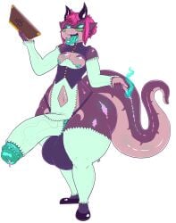 5_fingers absurd_res anthro ass balls big_balls big_butt big_penis book cheek_horn cleavage_cutout clothing cock_warmer cutout desbjust dragon eyewear femboy fingers footwear frilly frilly_clothing genitals glasses green_eyes green_sclera hair hi_res horn huge_balls huge_cock hyper hyper_balls hyper_genitalia hyper_penis legwear lips looking_at_viewer magic_user male minal_(desbjust) multicolored_body mythological_creature mythological_scalie mythology navel navel_cutout penis penis_clothing pink_body pink_hair pointy_ears purple_body scalie sharp_teeth shoes shoulderless_topwear socks solo spellbook tail teeth thick_bottom_lip thick_tail thick_thighs thong two_tone_body underwear wearing_glasses