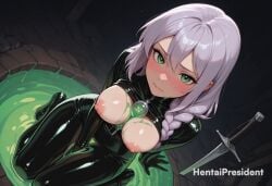 ai_generated areolae bangs black_bodysuit black_gloves blush braid breasts breasts_out breasts_out_of_clothes closed_mouth clothing erect_nipples erection female female female_only hair_between_eyes hentaipresident large_breasts latex latex_clothing latex_gloves latex_suit long_hair looking_at_viewer medium_breasts nipples shiny_skin sitting slime solo sword uncensored uncensored_breasts uncensored_nipples viewed_from_above weapon