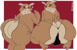 2025 absurd_res annoyed anthro ass avian backsack balls big_butt biped bird black_clothing black_thong black_underwear blush blush_lines bodily_fluids brown_body brown_fur claws clothing digital_drawing_(artwork) digital_media_(artwork) embarrassed feet femboy fur genitals hi_res huge_butt looking_back male odiniix otto(sssonic2) overweight overweight_anthro overweight_male owl rear_view red_background signature simple_background sitting sitting_on_knees solo standing sweat sweatdrop tail thick_thighs thong toe_claws underwear yellow_sclera