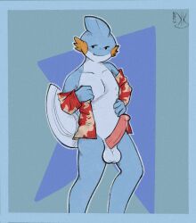 2025 4_fingers aloha_shirt animal_genitalia anthro balls big_penis biped black_eyes blue_background blue_balls blue_body blue_border blue_nipples blue_skin blue_tail bodily_fluids border bottomless bottomless_anthro bottomless_male clothed clothing collared_shirt countershade_face countershade_neck countershade_torso countershading dated digital_drawing_(artwork) digital_media_(artwork) dress_shirt dripping erection film_grain fin fingers generation_3_pokemon genital_fluids genital_slit genital_slit_balls genitals head_fin hi_res kickingkeldeo looking_at_viewer luke_(luketm) male mudkip nintendo nipples pattern_clothing pattern_shirt pattern_topwear penis pink_penis pokemon pokemon_(species) precum precum_drip presenting presenting_penis red_clothing red_shirt red_topwear shirt shirt_only signature simple_background slim solo standing tail tail_fin taking_off_shirt topwear topwear_only undressing