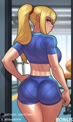 1girls ai_generated ass ass big_ass bubble_butt clothed clothed_female curvy eye_contact female gym gym_clothes gym_uniform looking_at_viewer metroid rabies-t-lagomorph_style samus_aran see-through_panties sleen sports_shorts sportswear sweat sweatdrop sweating zero_suit_samus