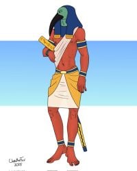 abs anthro barefoot bartek22 beak black_beak deity egyptian_mythology feathers feet green_body green_feathers holding_object long_beak looking_aside male middle_eastern_mythology muscular muscular_anthro muscular_male mythology nipples simple_background solo thoth
