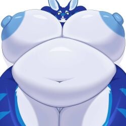 1:1 absurd_res anthro belly big_belly big_breasts blue_body blue_eyes blue_fur blue_nipples breasts deep_navel female fur genitals hi_res hidenafox huge_breasts inner_ear_fluff innie_vulva lagomorph leporid mammal multicolored_body multicolored_fur navel nipples overweight overweight_anthro overweight_female pussy rabbit shaded simple_background solo standing tuft vulva white_background white_inner_ear_fluff