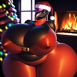 2023 ai ai_generated avian belly big_belly big_breasts breasts christmas christmas_outfit chubby chubby_female corvid corvus_(genus) crow female female_only looking_at_viewer mommy nipples overweight overweight_female rachel_thepyromancerfox thepyromancerfox
