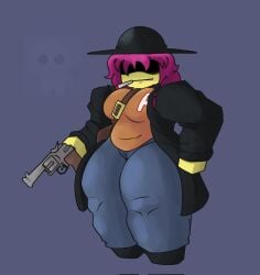 1girls armed bag black_coat black_shoes blue_jeans breasts cigarette clothed female forsaken_(roblox) fully_clothed fully_clothed_female gun jane_doe jane_doe_(forsaken) jane_doe_(roblox) medium_breasts neutral_expression orange_shirt pink_hair revolver roblox roblox_game robloxian shadow_over_eyes smoking smoking_cigarette tagme_(artist) thick_thighs thighs yellow_skin