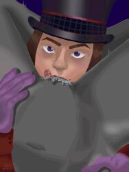1_female anonymous brunette_male charlie_and_the_chocholate_factory clothes_on dom_male eye_contact female holding_partner kawaiidemon legs_spread male male_focus older_male oral_sex pov purple_gloves self_insert smiling straight_sex tags:1_male tongue_out top_hat willy_wonka y/n
