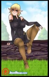 1girls 2020s 2022 5_fingers big_eyes black_bodysuit black_border black_eyebrows black_gloves blonde_hair bodysuit border breasts camel_toe cameltoe closed_mouth day elf elf_only evangelyne eyebrows eyelashes female female_focus female_only fingerless_gloves freckles gloves grass green_eyes hand_on_knee hi_res humanoid humanoid_only jago_dibuja jpeg large_breasts log long_boots long_ears long_gloves navel_line open_eyes outdoors patreon_logo pointy_ears posing shiny_clothes sitting sitting_on_log smile solo text tight_clothing tree url wakfu