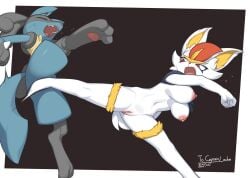 2025 3_fingers 5_fingers absurd_res ambiguous_gender anthro areola biped blue_body blue_fur blue_tail breasts canid canine cinderace closed_eyes digital_media_(artwork) duo feet female fingers front_view fur generation_4_pokemon generation_8_pokemon genitals hi_res inner_ear_fluff lagomorph leporid looking_back lucario navel nintendo nipples nude nude_ambiguous nude_anthro nude_female open_mouth pokemon pokemon_(species) pussy rabbit red_eyes simple_background tail teeth toes tuft vulva white_body white_fur white_tail zinfyu