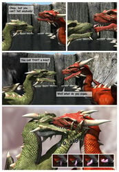 3d 4_fingers bridge claws comic dialogue dragon duo english_text erection eye_contact feral green_body green_eyes hi_res horn kissing licking male penis red_body scales scalie slit_pupils spikes text tongue tongue_out tree water western_dragon wings wooky yaoi yellow_eyes