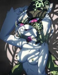 -pink_eyes anthro breasts breasts broken_mask cat_ears cat_girl catgirl feline female furry green_body green_fur green_hair green_nipples kemonomimi looking_at_viewer mask masked masked_female meowscarada nintendo pokémon_(species) pokemon pokemon_(species) rilex_lenov solo_female tagme topless topless_female