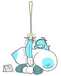 :o aplovestudio bangs_over_eyes blue_hair blue_nipples bow choker cum ejaculation ejaculation_bulge futanari huge_balls huge_breasts huge_cock huge_nipples hyper_breasts long_hair original_character sign speech_bubble text thighhighs