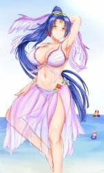 1girls arm_behind_head arm_up bikini bikini_bottom bikini_top blush breasts character_request cleavage female female_focus female_only flower green_eyes huge_breasts large_breasts light-skinned_female light_skin long_hair looking_at_viewer midriff monster_strike navel ocean ponytail purple_hair smile solo solo_female solo_focus standing_on_one_leg thick_thighs thighs tied_hair zetsuhei_no_roran