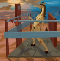2026 anthro anthro_peeing beach beach_background biped blep blush bodily_fluids brown_body brown_fur brown_hair brown_pubes clear_urine closed_eyes detailed_background digital_media_(artwork) female female_peeing fur genital_fluids giraffe giraffid hair hairy_vulva hi_res hooves horn long_neck mammal markings navel nude nude_anthro nude_female ossicone outdoor_shower outside peeing peeing_on_ground pubes smile solo spots spotted_body spotted_fur standing standing_pee tongue tongue_out urine urine_on_ground urine_pool urine_stream valrionwrites watersports yellow_body yellow_fur