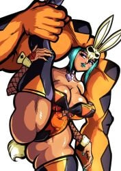ass bare_shoulders blue_hair blush bodysuit breasts bunny_ears bunny_girl bunny_tail bunnysuit cerebella cleavage fishnets hand_on_leg headgear holding_legs leg_up makeup posing purple_eyes short_hair skullgirls spread_legs stockings tagme tagme_(artist) tail thick_lips thick_thighs tight_clothing vice-versa voluptuous wide_hips