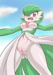 1girls anthro anthrofied antiair blush breasts clothing female female_gardevoir female_only gardevoir green_hair hair inverted_nipples looking_at_viewer low-angle_shot nintendo nipples open_mouth pokemon pokemon_(species) pokemon_rse pussy red_eyes skirt sky solo sweat upskirt video_games wide_hips worm's-eye_view