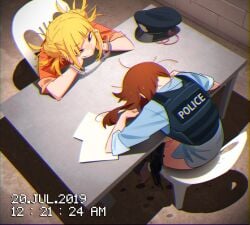 2girls absurdres barefoot blue_shirt boku_no_hero_academia brown_hair chair closed_mouth commentary cuffs double_bun english_commentary fang_out female hair_bun handcuffs hands_up hat highres indoors interrogation khyle. medium_hair messy_hair multiple_girls oerba_yun_fang orange_shirt paper police police_hat police_uniform pussy_juice shirt sitting table toga_himiko unworn_hat unworn_headwear uraraka_ochaco yellow_eyes yuri