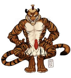 1boy animal_genitalia anthro balls barbs crouching erection feline feline_penis hands_on_thighs i-psilone looking_at_viewer male male_only mammal nipples penis solo stripes tiger topknot yin_(character)