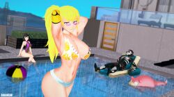 2girls 3d alternate_costume alternate_hairstyle areolae armpits arms_behind_head arrancon big_breasts bikini black_hair blake_belladonna blonde_hair breasts busty catgirl child_bearing_hips curvy denim_shorts female female_only large_breasts legs long_hair looking_at_viewer navel ponytail pool pose posing purple_eyes rwby seductive seductive_look seductive_smile sensual sexy sexy_armpits sexy_pose shorts smile thighs thong_bikini toned voluptuous water whale_tail yang_xiao_long