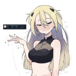 blonde_hair blush breasts collared_halterneck crop_top female hair_between_eyes hair_ornament hairclip highres long_hair looking_at_viewer multicolored_hair phase_connect pussy pussy_juice rinkou_ashelia rinkou_ashelia_(lia_1.0) sexually_suggestive smile solo sweat tweet twitter twitter_screenshot virtual_youtuber white_background zlix0n