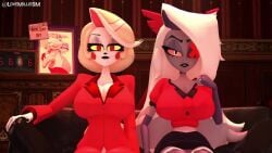 2girls 3d 3d_(artwork) angel_dust_(hazbin_hotel) animated areolae big_breasts blonde_hair breasts bursting_breasts button_pop canon_couple charlie_morningstar_(hazbin_hotel) demon demon_girl erect_nipples eyepatch female female_only grey_skin hair hazbin_hotel huge_breasts large_breasts looking_at_viewer lovemilliesm meme nipples no_sound smile smirk tagme top_heavy vaggie_(hazbin_hotel) video wardrobe_malfunction white white_skin