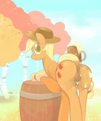 2015 alcohol animal_genitalia anus applejack_(mlp) ass barrel beverage blonde_hair braddo cup cutie_mark dock earth_pony equine equine_pussy female feral food friendship_is_magic hair hat hi_res horse long_hair looking_at_viewer mammal my_little_pony outside pony pussy smile solo tree