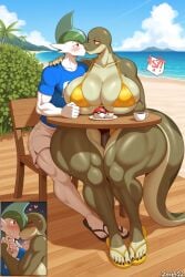 1boy 1boy1girl 1girls ai_generated beach big_feet bikini bikini_bottom bikini_top coffee_cup deep_kissing feet female flip_flops foot_fetish foot_focus gallade green_hair green_skin kissing lizard_girl male margret_stalizburg passionate passionate_kiss pokemon pokemon_(species) red_eyes restaurant sea sitting snake_girl tail taller_female taller_girl white_skin