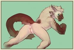 2014 anus ass brown_fur charr_(guild_wars) female flat_chest furry furry_female gradient_fur green_eyes guild_wars_(series) horns light_brown_fur looking_back lying open_mouth pink_nose presenting pussy simple_background snowskau solo tail
