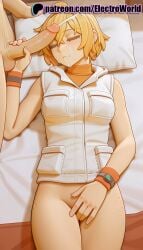 1boy 1girls 2025 ai_generated artist_name blonde_hair bottomless bracelet cock cum dick electroworld english_text facial female fingering heather_mason hi_res high_quality high_resolution highres patreon patreon_username penis pillow short_hair silent_hill stable_diffusion straight uncensored watermark wristband